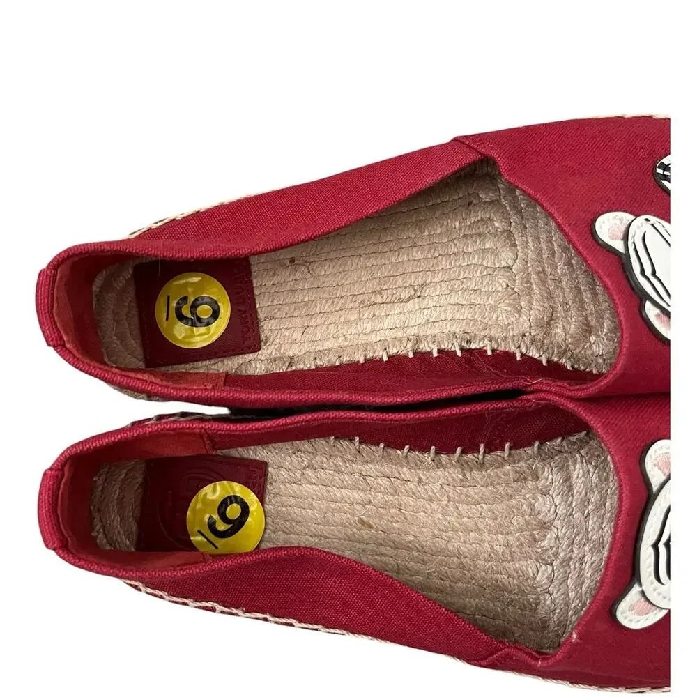 Tory Burch Tilly Tiger Espadrille Flats Red Canvas Leather Slip On Whimsy Size 9